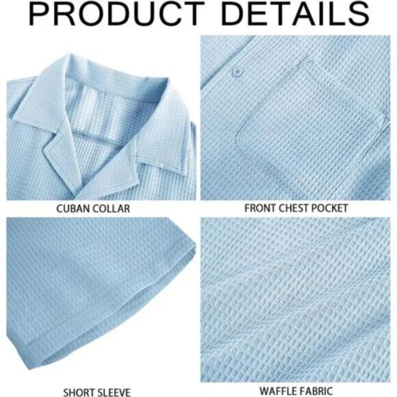 New Mens Waffle Button Down Shirt Light Blue Cuban Loose Fit Short Sleeve Top - Picture 5 of 6